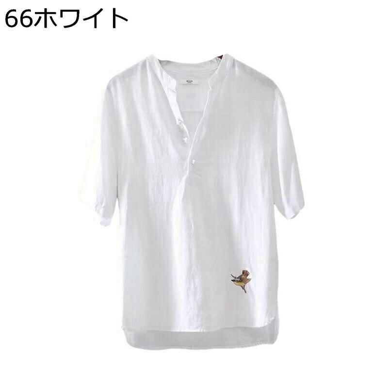 ポロシャツ メンズ Tシャツ 半袖 綿麻 鶴 鳥 刺繍 リンネル 簡約 シンプル ハイネック 胸ポケット 大きいサイズ リンネル カジュアル ゆったり 毛玉なし 軽量 薄手 通気性 通学 通勤 バカンス 夏用