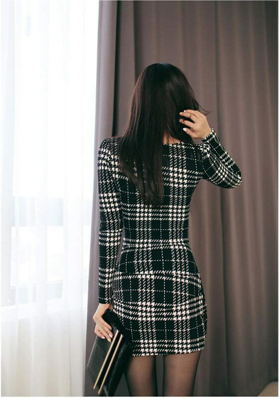 ワンピース レディース ドレス ギンガムチェック タイト ストレッチ 長袖 342