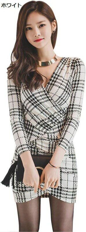 ワンピース レディース ドレス ギンガムチェック タイト ストレッチ 長袖 342