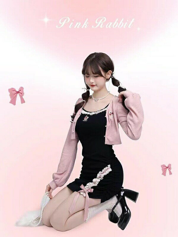 かわいい 2点セット ミニ ワンピース ノースリーブ タイト ボディコン レディース セットアップ レース リボン付き セクシー ルームウェア 長袖 カーディガン