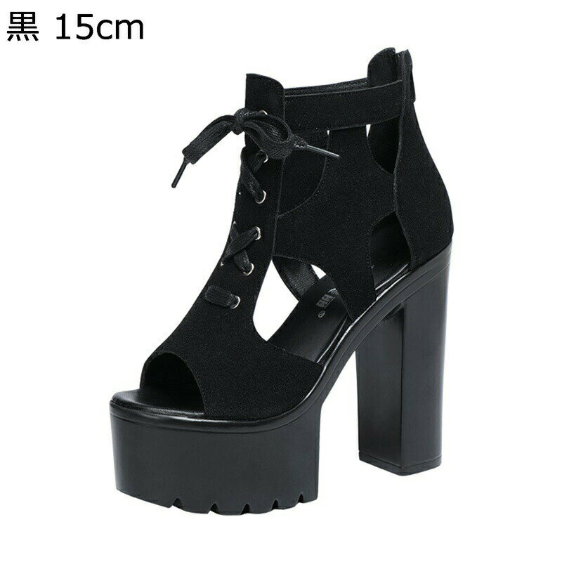 ブーツサンダル サマーブーツ キャバサンダル サンダル レディース 15cmハイヒール 大きいサイズ 粗いかかと オープントゥ 美脚 身長アップ 編み上げ 痛くない セクシー スエード バックル