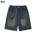 蜘蛛柄 デニムパンツ 下着 ジーパン ショットパンツ ショーツ サブカル系 ヒップホップ ハイストリート ハーフパンツ 5分丈 カジュアル ワイドショーツ 動きやすい ジーンズ 夏用 ファッション パンク ロック(4)