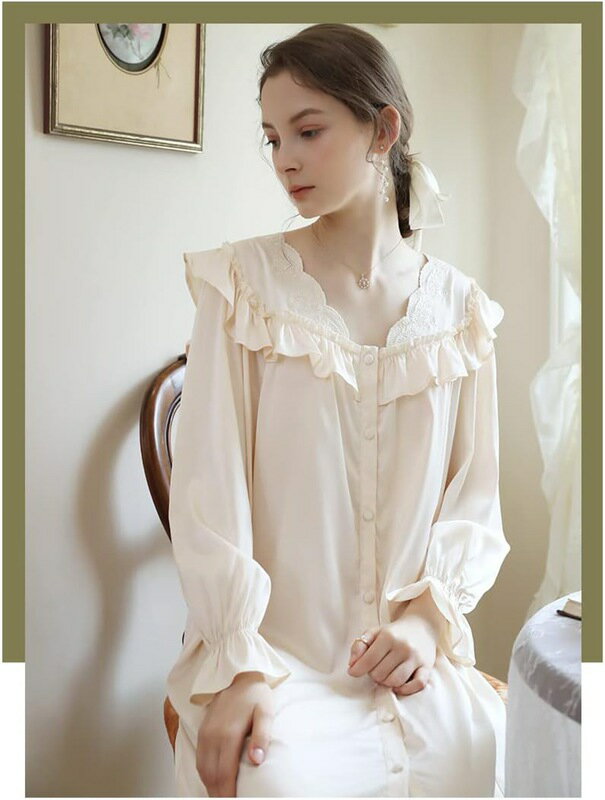 シルク風 ルームワンピース 長袖 フリル レース 前開き ナイトドレス パジャマ レディース オシャレ エレガント ルームウェア 寝間着 光沢感 スムース 滑らか 快眠 ロングシーズン 可愛い スイート ロングワンピース