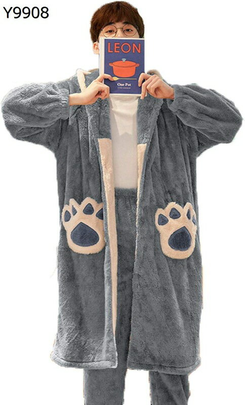 冬 メンズ ナイトガウン パジャマ ルームウェア フランネル もこもこ 保温 暖か 肌に優しい 長袖 ロン..