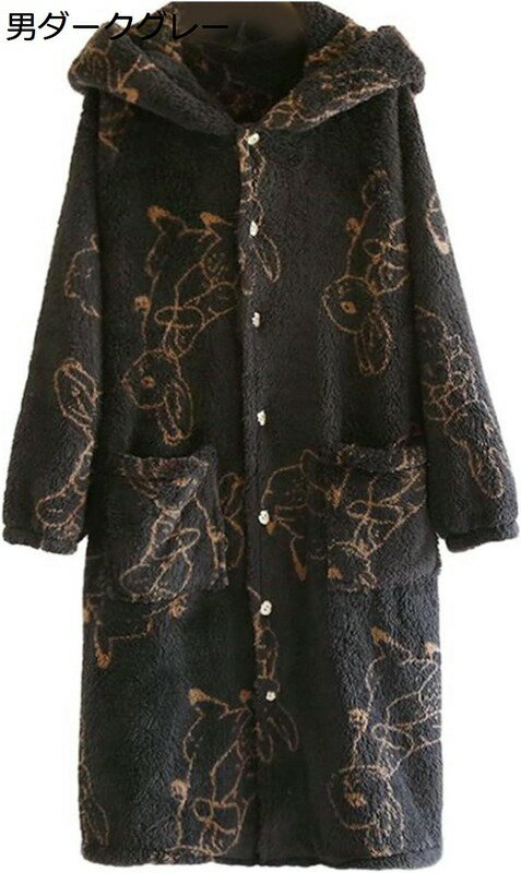 フリース ナイトガウン ウサギ柄 男女兼用 フード付き クマ耳付き 可愛い 厚手 もこもこ ネグリジェ レ..