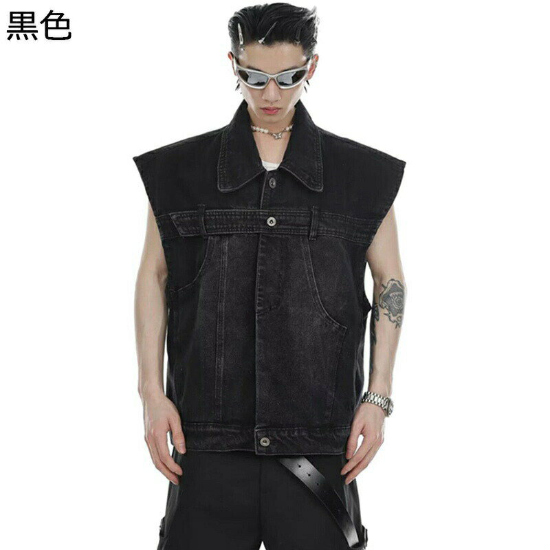 ジージャン デニムベスト 肩パッド バイクチョッキ メンズ 大きいサイズ ノースリーブ ウォッシュ加工 着痩せ 前開き バイクジャケット ダメージ 防風 ストリート系 韓国 撮影 シンプル ワーク 春秋用
