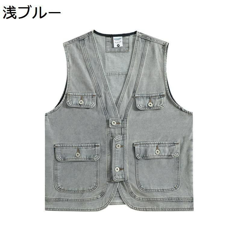 デニムベスト ジージャン 多機能 バイクチョッキ メンズ 袖無しジャケット 体型カバー ワークベスト お洒落 防風 細身 作業用 おしゃれ スナップボタン カジュアル 前開き ポケット付き かっこいい 四季