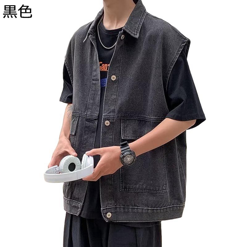 ジージャン デニムベスト チョッキ ジレベスト メンズ ゆったり ノースリーブ ドロップショルダー 体型カバー 前開き ポケット トップス ダメージ 軽量 薄手 キャンプ カジュアル レトロ 作業着 春秋用