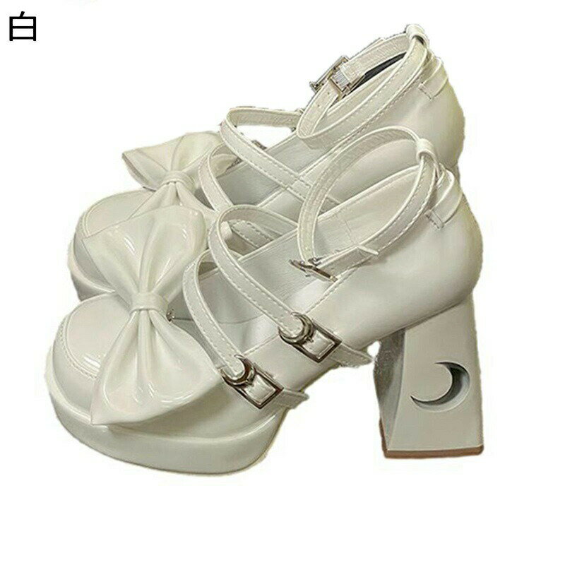 ロリータ靴 蝶結び リボン ハイヒール レディース 透かし彫り ラウンドトゥ ドレスシューズ 甲ストラッ..