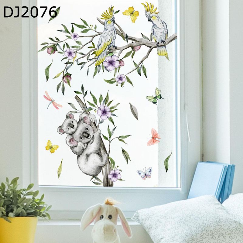 静電ステッカー コアラ オウム 窓ステッカー 両面印刷 植物ドア 戸棚 浴室 ガラス かわいい 飾り 水で..