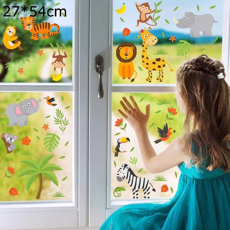 飾り 窓ステッカー 漫画の森の動物 可愛い 窓 ドア 鏡 ガラス 両面表示 両面印刷 インテリア ステッカ..