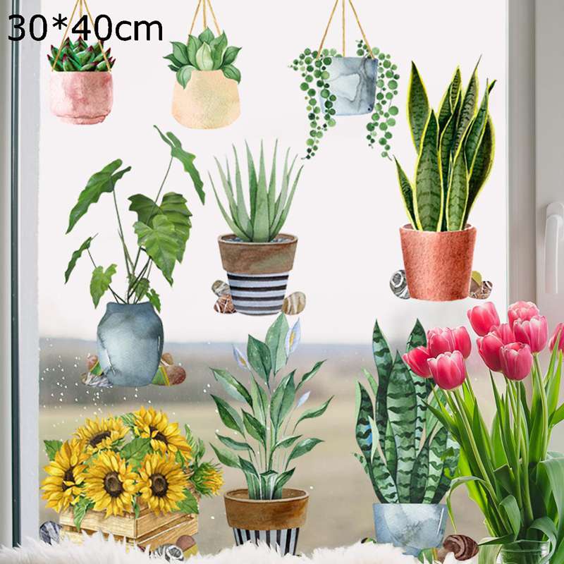 静電ステッカー 窓ステッカー 鉢植え 観葉植物 吊り下げ 葉っぱ 窓 ドア 戸棚 浴室 ガラス 手描き風 飾..