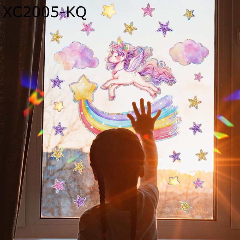 静電ステッカー ユニコーン 星 デコ 幼稚園 保育園 子供部屋 DIY 両面印刷シール 光より虹色変化 男の..