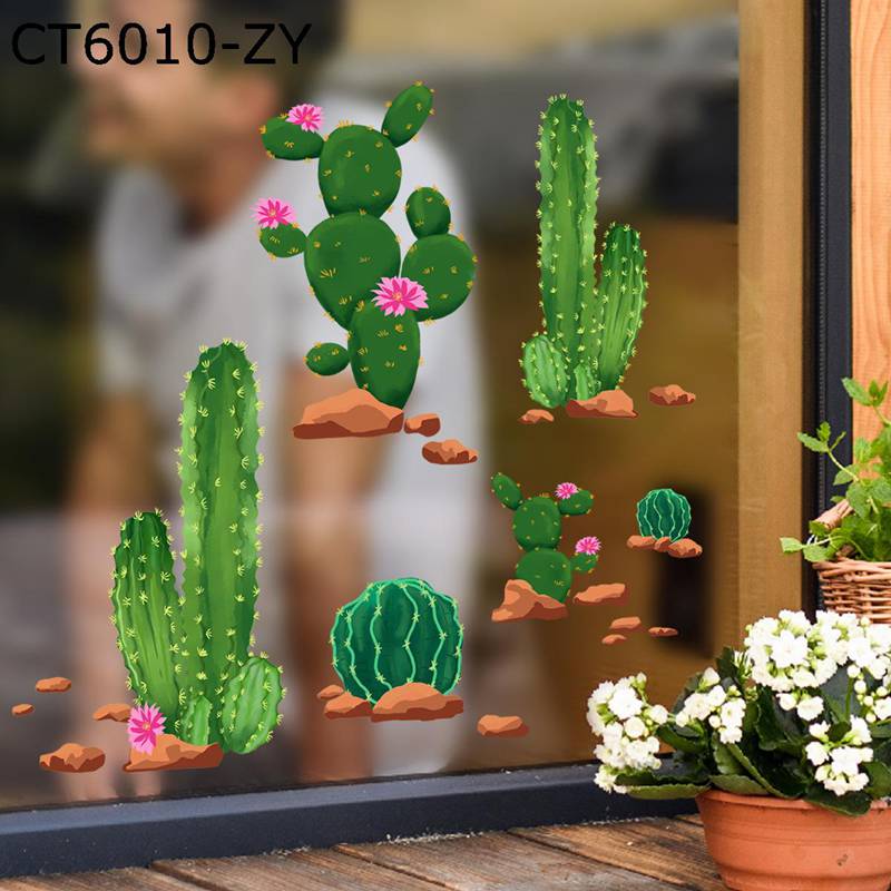 静電ステッカー サボテン 窓ステッカー 鉢植え 観葉植物 窓 ドア 戸棚 浴室 ガラス 飾り 両面印刷 水で..