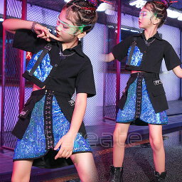 送料無料 キッズ ダンス衣装 ガールズ キラキラ スパンコール かっこいい 韓国 ヒップホップ ジャズダンス ステージ衣装 セットアップ へそ出し 応援団