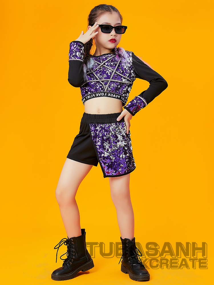 【10%OFFクーポンあり!】ダンス 衣装 キッズ チアガールズ 紫 スパンコール スカート セットアップ 韓国 夏ジャズダンス へそ出し ヒップホップ 応援団 HIPHOP 練習着