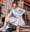 【10%OFFクーポンあり!】キッズ ダンス 衣装 ガールズ ヒップホップ ジャズダンス 韓国 チアガール 応援団 ブルー スパンコール 銀 スカート セット アップチア へそ出し 練習着