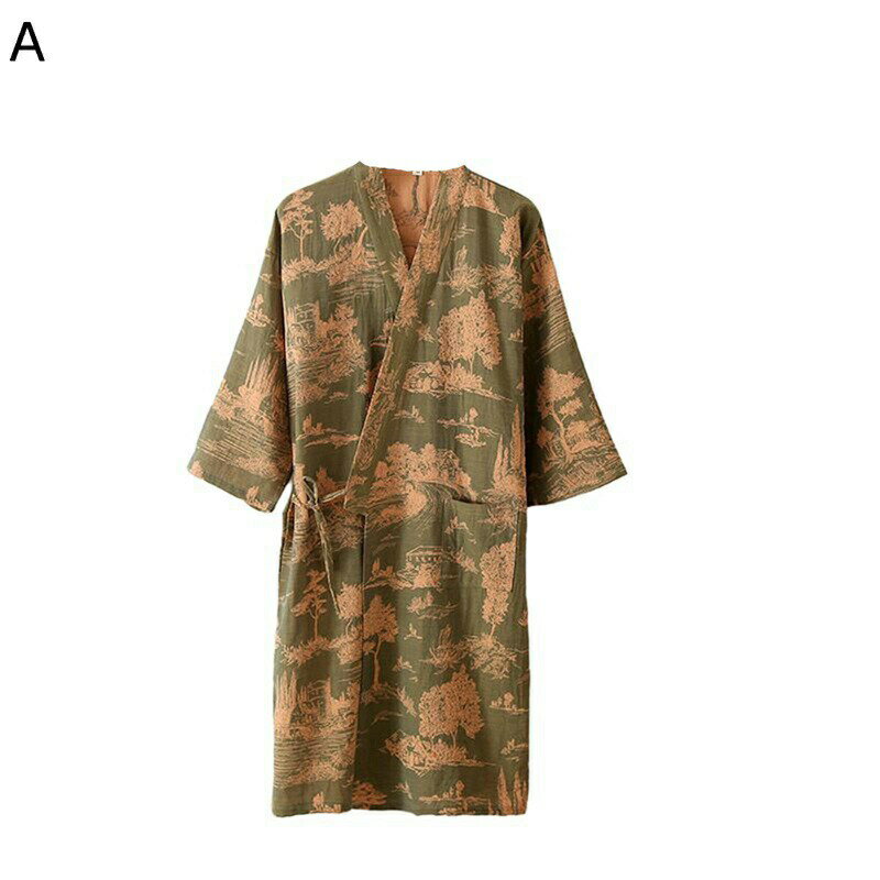 バスロープ メンズ 浴衣 総柄 ガーゼ 寝巻 綿100 和風和柄 ロング 薄手 ゆかた コットン ナイトウェア ..