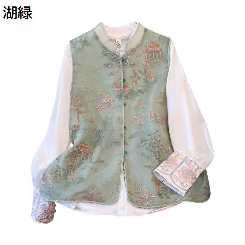 ベスト ジレ レディース ノースリーブ 中華風 チョッキ オーガンザ 体型カバー 刺繍 きれいめ 唐装 お洒落 シースルー 木柄 軽量 重ね着 おしゃれ カジュアル コスプレ 仮装 レイヤード 前開 春秋