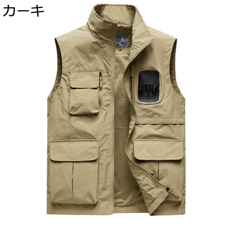 kcreateのジレベスト お釣りベスト 多機能 メッシュベスト メンズ ジップ ノースリーブ 夏秋用 ポケット付き 大きいサイズ 作業着 撮影用 フィッシング キャンプ お洒落 前開き 軽量 防風 かっこいい 四季通用｜アングル2