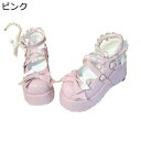 ゴスロリ パンプス レディース 厚底靴 蝶結び リボン レース フリル クロスストラップ ハートバックル ロリータ ラウンドトゥ ウェッジヒール サブカル 原宿 プラットフォーム 女性用 ロリ姫靴