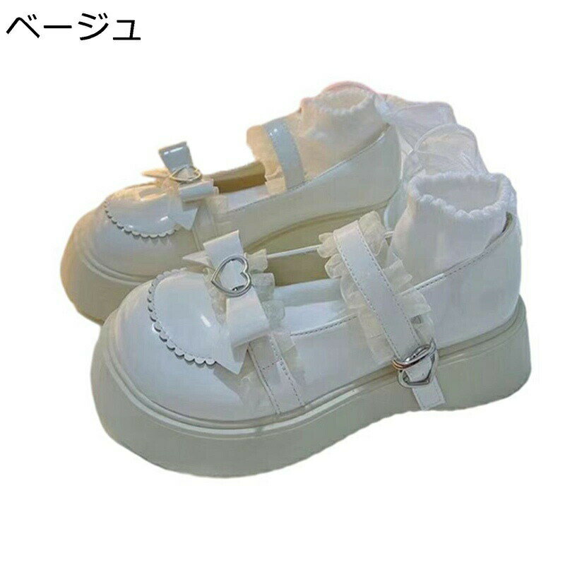 厚底靴 パンプス 蝶結び フリル レース リボン メリージェーン ハイヒール レディース ハートバックル ラウンドトゥ ロリータ 粗いかかと エレガント 姫系 披露宴 結婚式 ウェディング 花嫁