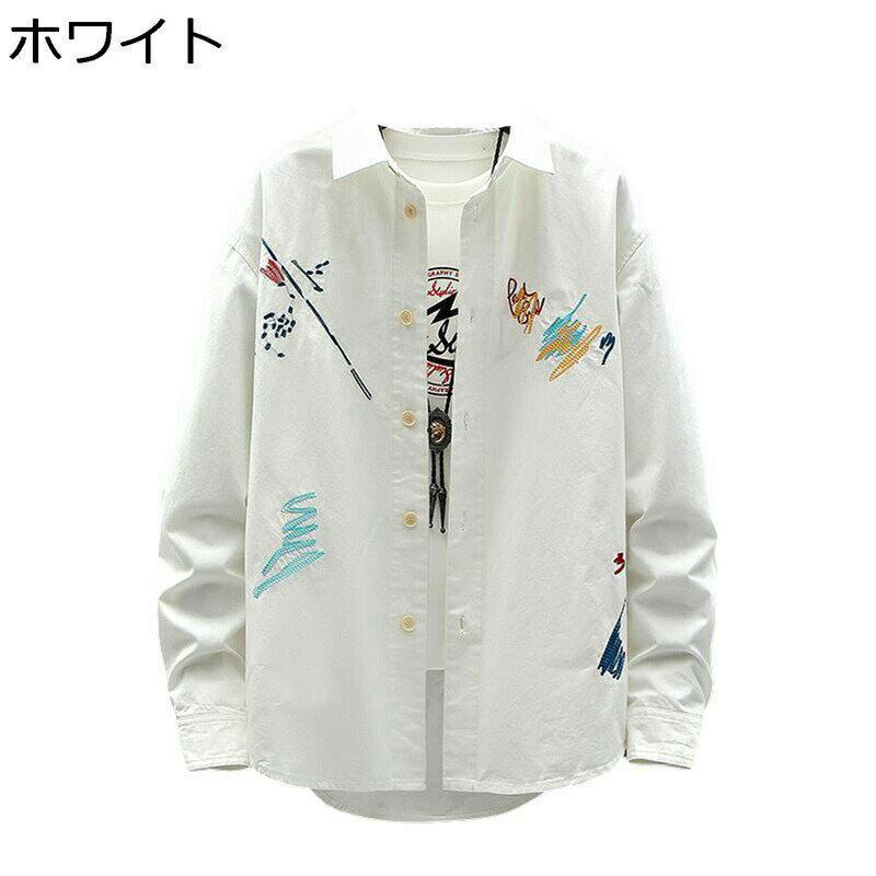 ワークシャツ 開襟 シャツ メンズ カジュアルシャツ 長袖 春夏用 刺繍 総柄シャツ ボタンダウン 通気速乾 ルーズ 紫外線対策加工 快適 軽量 ウェディング 祭り イベント 通学 シンプル