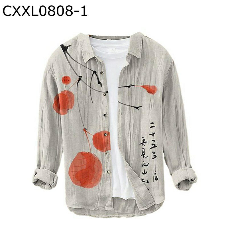 メンズ アロハシャツ 春秋 リネンシャツ 長袖 柿柄 ハワイアンシャツ 襟付き ゆったり 通気性 大きいサ..