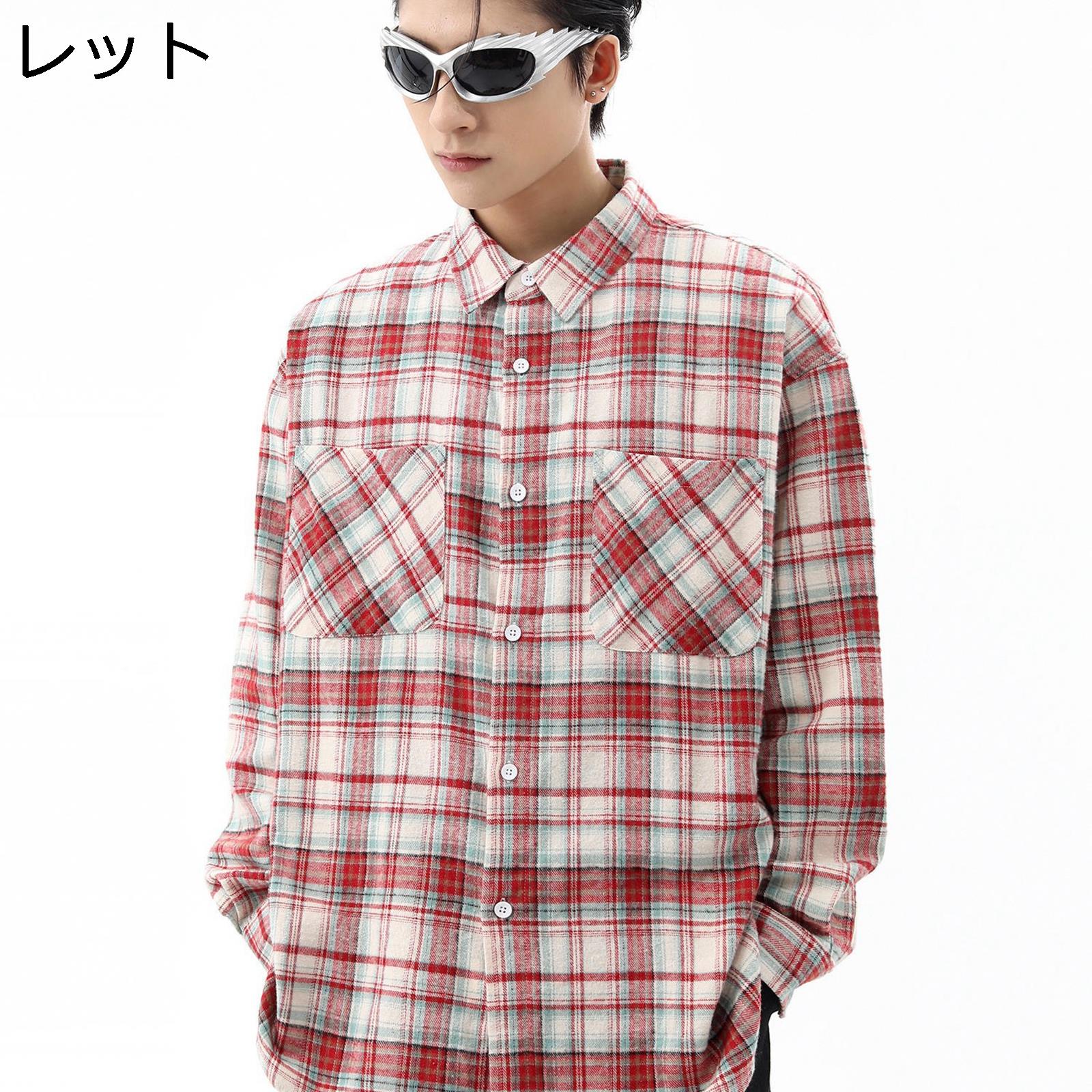 チェックシャツ 長袖 メンズ 赤 青 ボタンダウン 2ポケット 胸ポケット 折り襟シャツ 男女通用 カップル ルーズ タータンチェック グレンチェック トップス 柔らか 簡約 吸汗速乾 汗染み防止