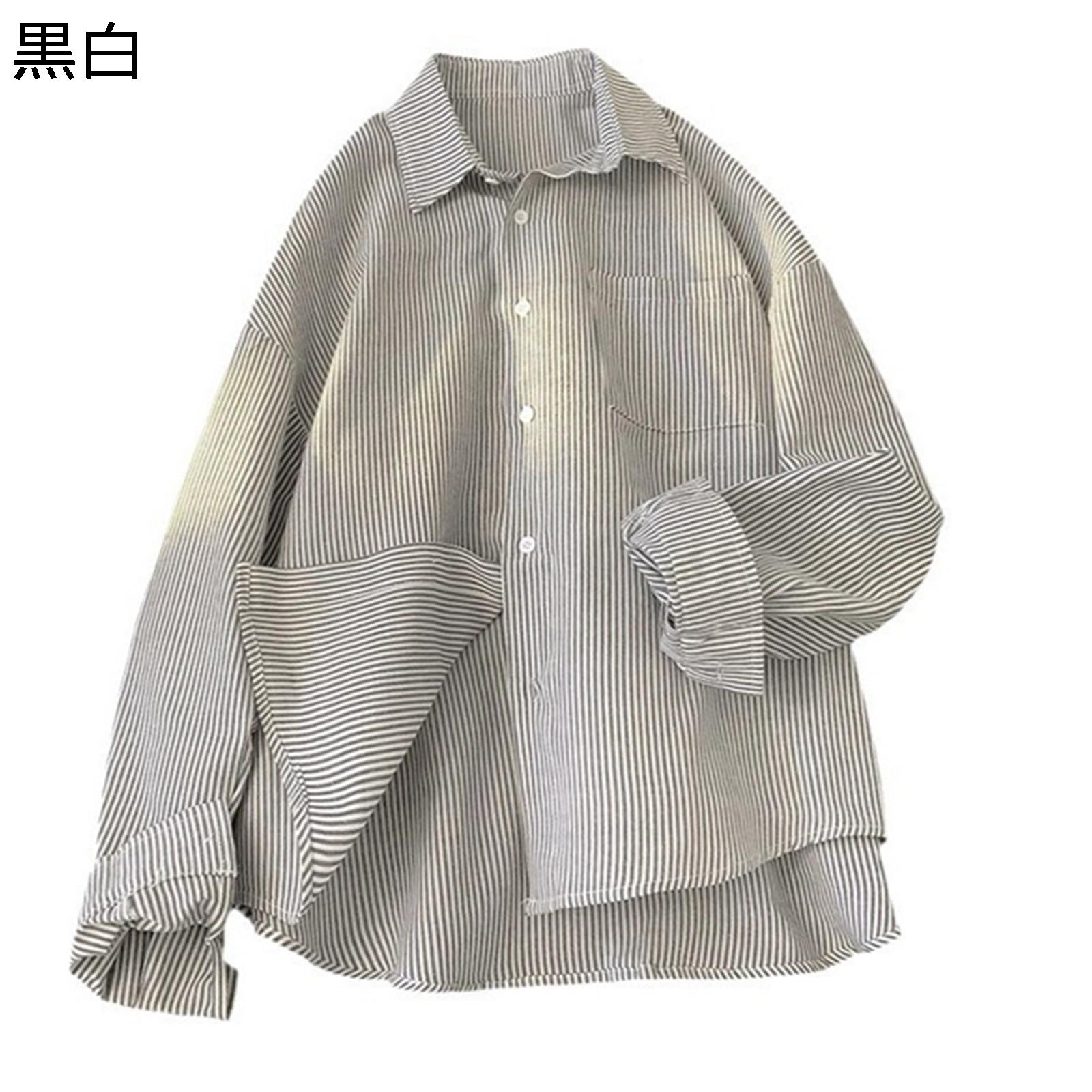 メンズ カジュアルクシャツ 縞柄 長袖 ストライプ ボタンダウン ジャケットシャツ 折り襟 胸ポケット ワイシャツ 上着 アウター 快適 簡約 レジャー シンプル オーバーシルエット 着痩せ トップス