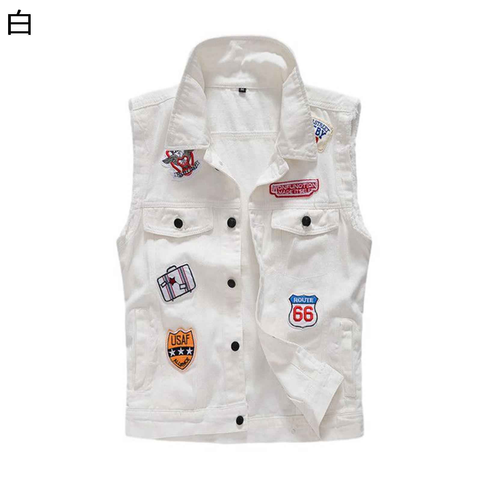 デニムベスト メンズ カーゴベスト 刺繍飾り ワッペン アメリカ風 レイヤード チョッキ レジベスト 袖..