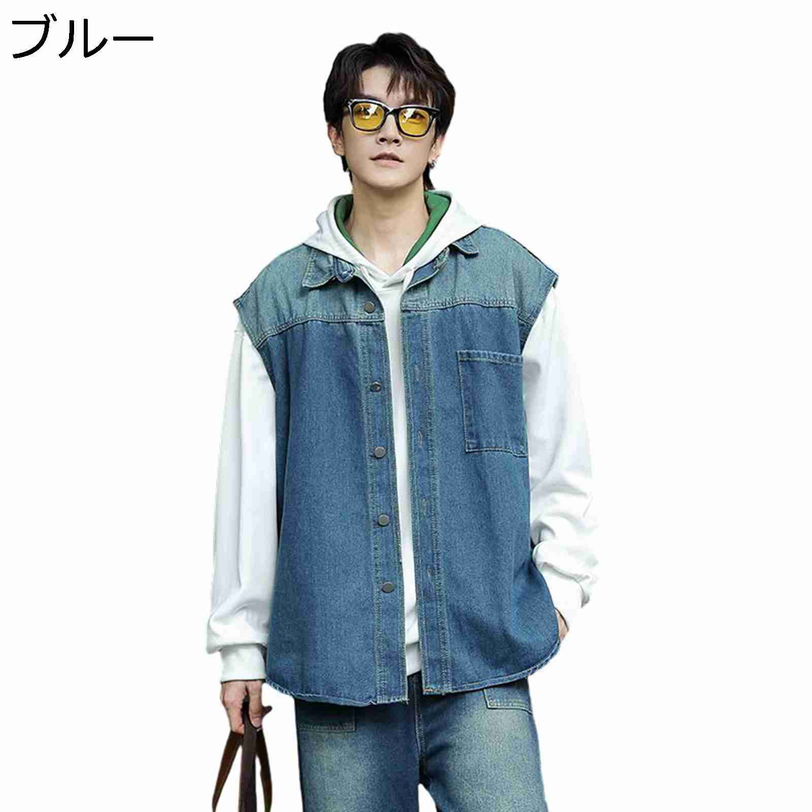 デニムベスト メンズ カジュアルベスト レイヤード 日系 切り替え 袖なしジャケット ジージヤン Gジャン ベスト チョッキ ジレベスト ノースリーブ アウター ストリート 日常 コーディネート