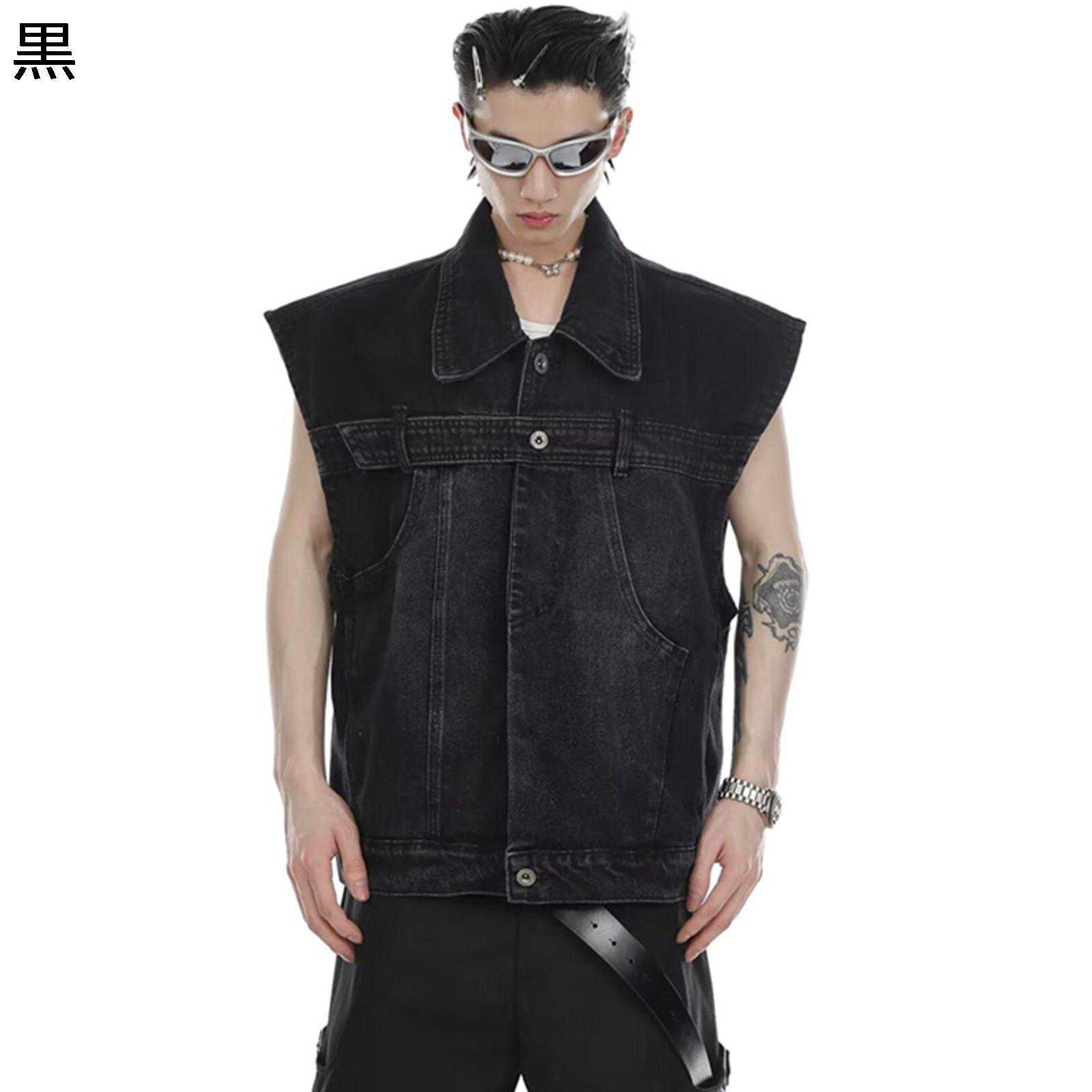 ベスト メンズ デニム おしゃれ 個性的 チョッキ レジ ライダースベスト 肩当て ジージャン Gジャン 重..