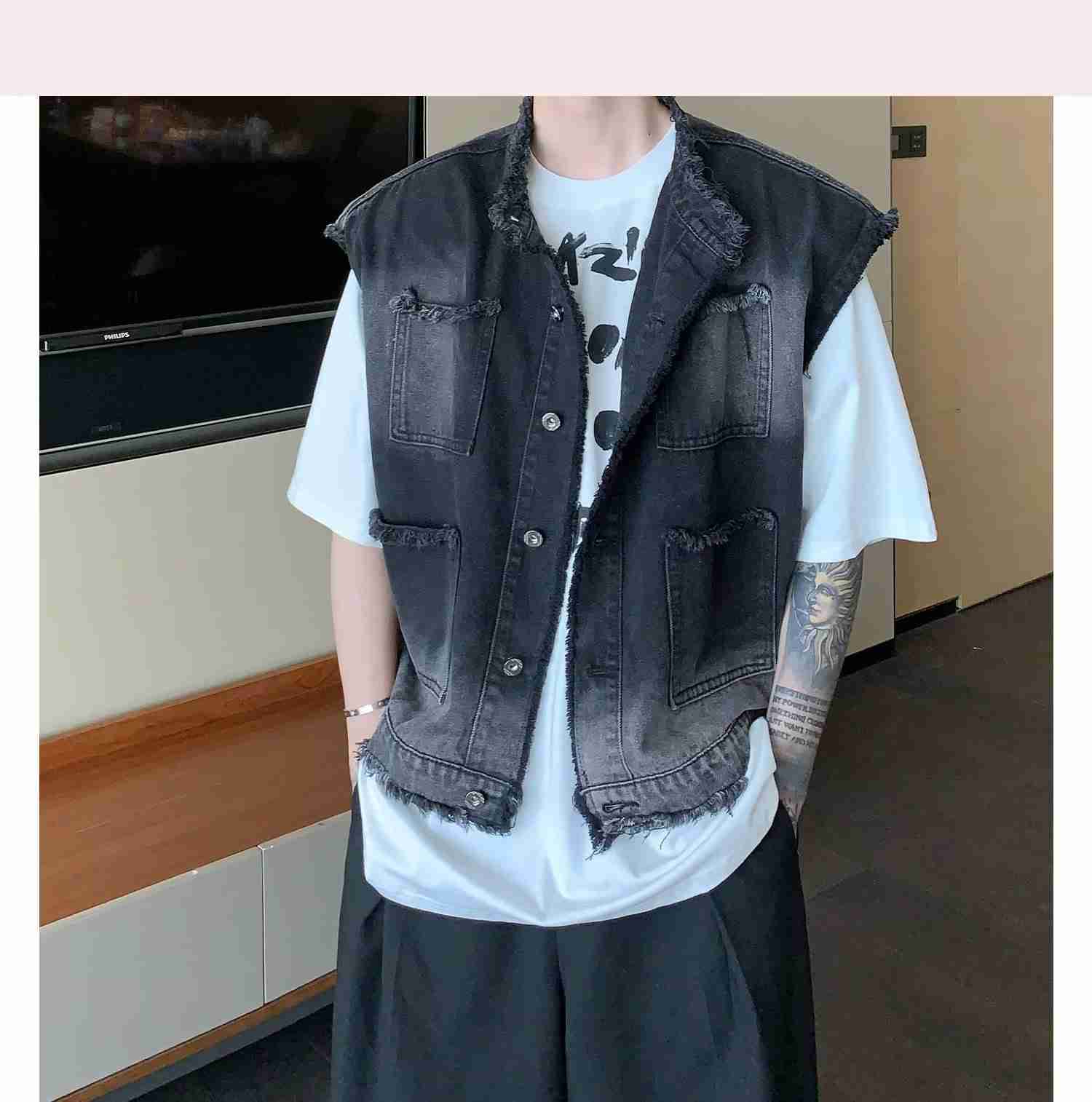 ベスト メンズ デニム おしゃれ チョッキ レジベスト ダメージデザイン Gジャン ジージャン レイヤード ヴィンテージ ノースリーブジャケットトレンド ライダース 薄い コーディネート 春夏秋用