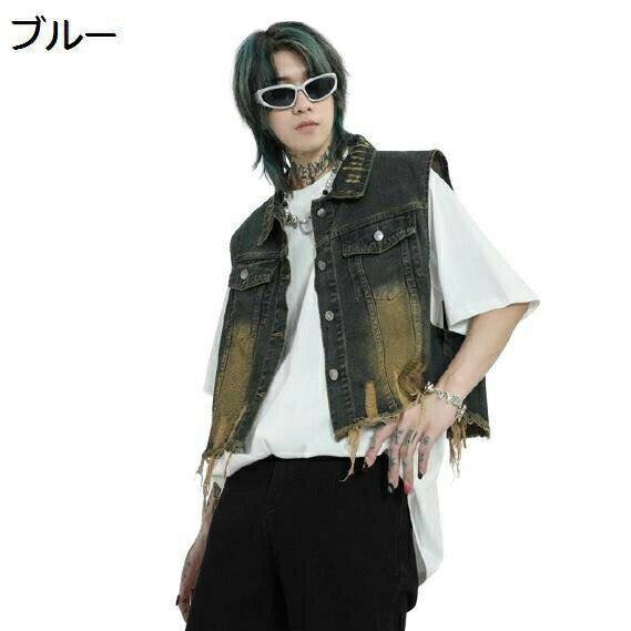 デニムベスト メンズ ダメージデザイン 袖なしアウター Gジャン ジージャン ベスト レイヤード カジュアルベスト ジレ チョッキ 薄い トップス アウター 街着 個性的 ヴィンテージ おしゃれ