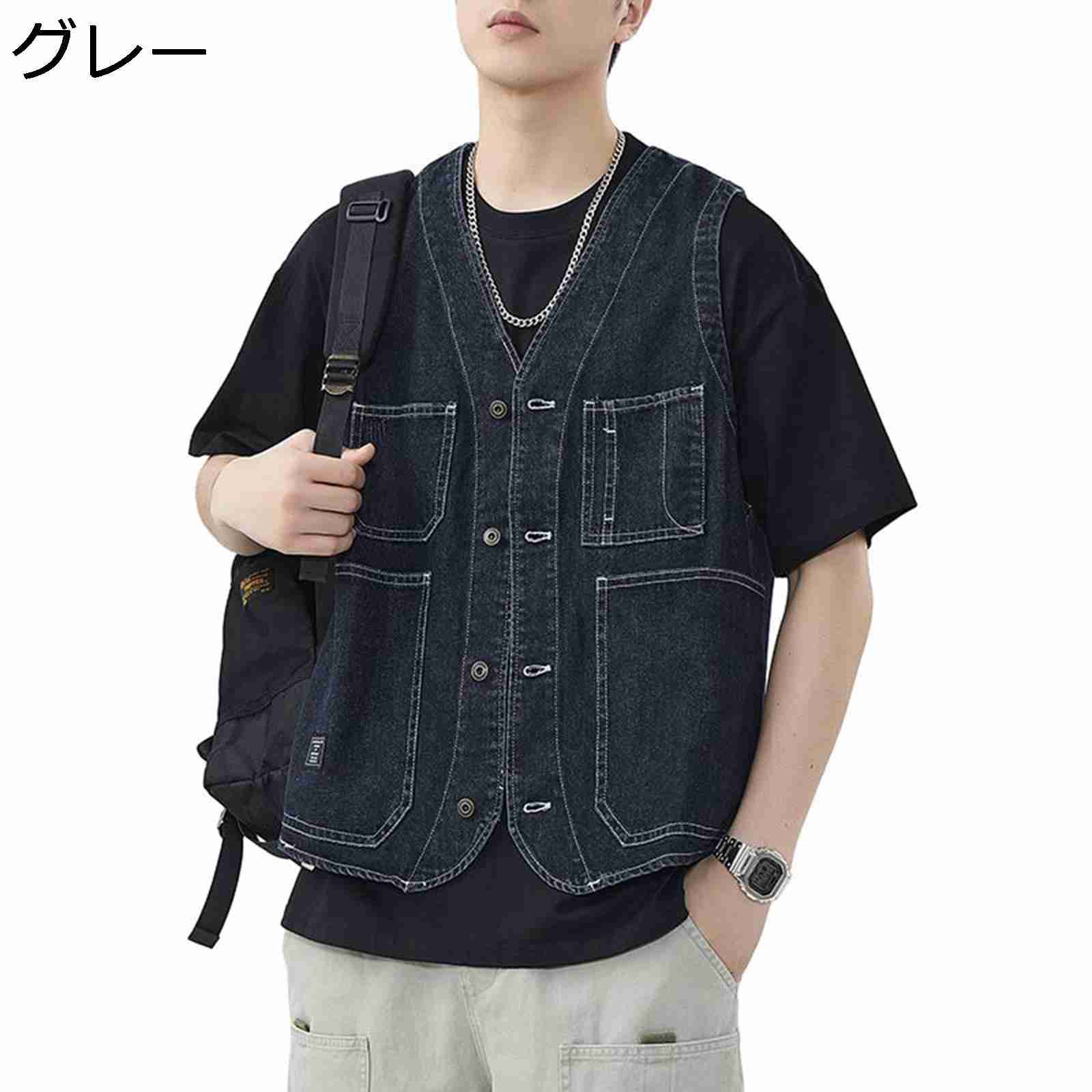 デニムベスト メンズ レイヤード 日系 レジ チョッキ ジージャン Gジャン カジュアルベスト 春夏秋 ノ..