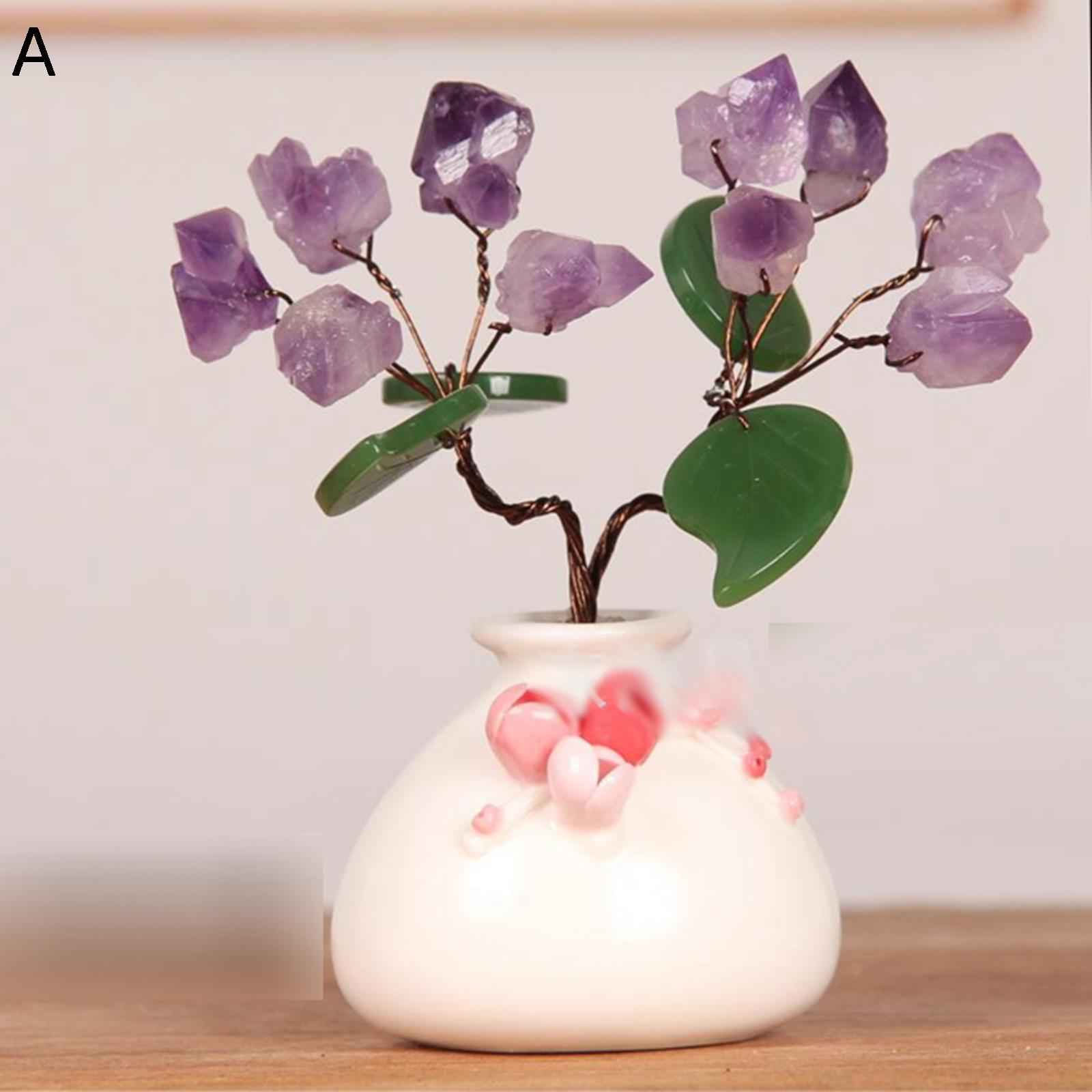 水晶 造花 インテリア パープル 梅の花 置物 開運 天然水晶 陶器花瓶 風水グッズ 枯れない花 母の日 誕..