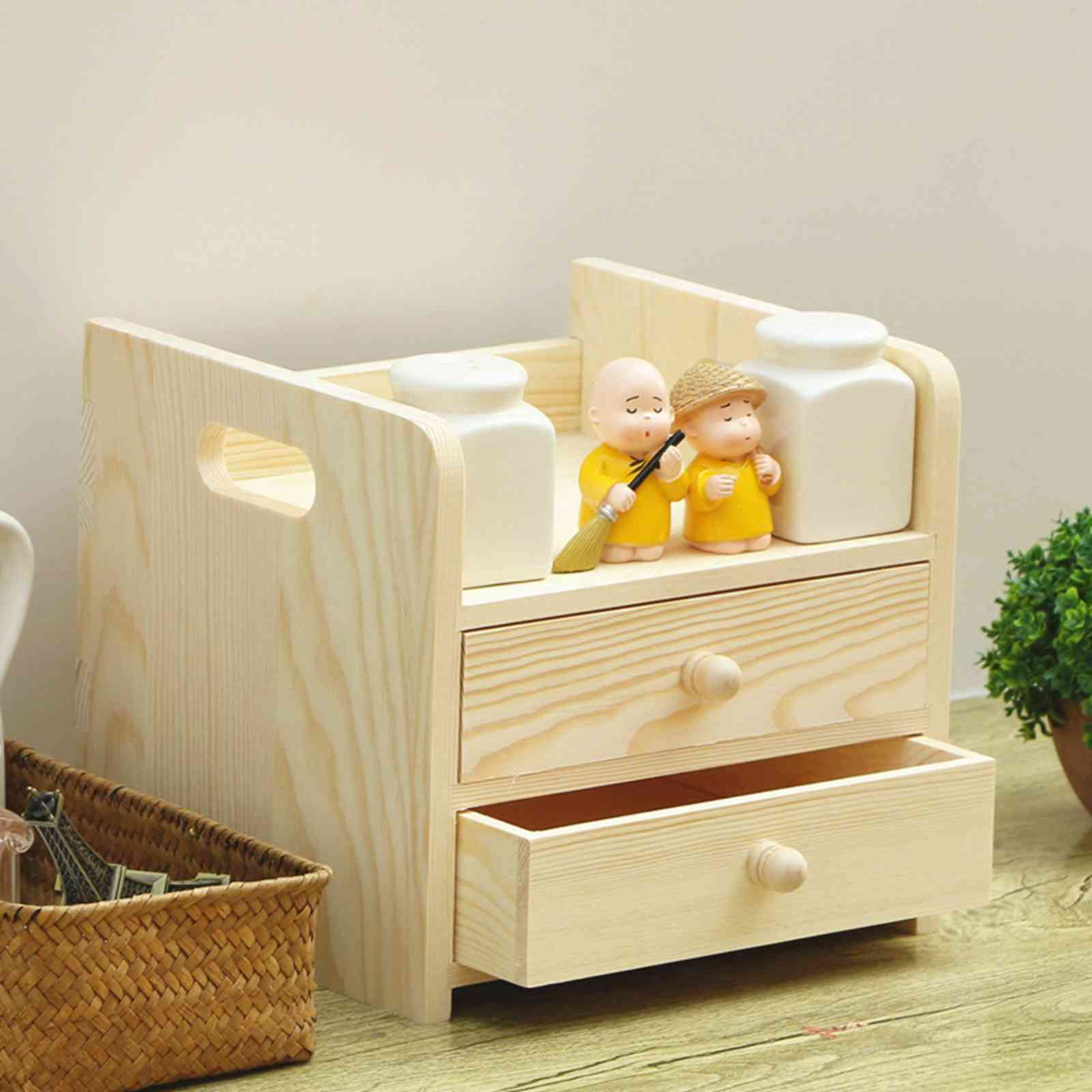 卓上収納ボックス 引き出し 木製 ミニ 卓上 チェスト 2段引き出し小物入れ 小物収納ボックス 多機能 大容量 小物収納 化粧品収納 文房具収納 頑丈 おしゃれ 素朴 北欧 レトロ風格 小物入れ オフィス/寝室/居間 3