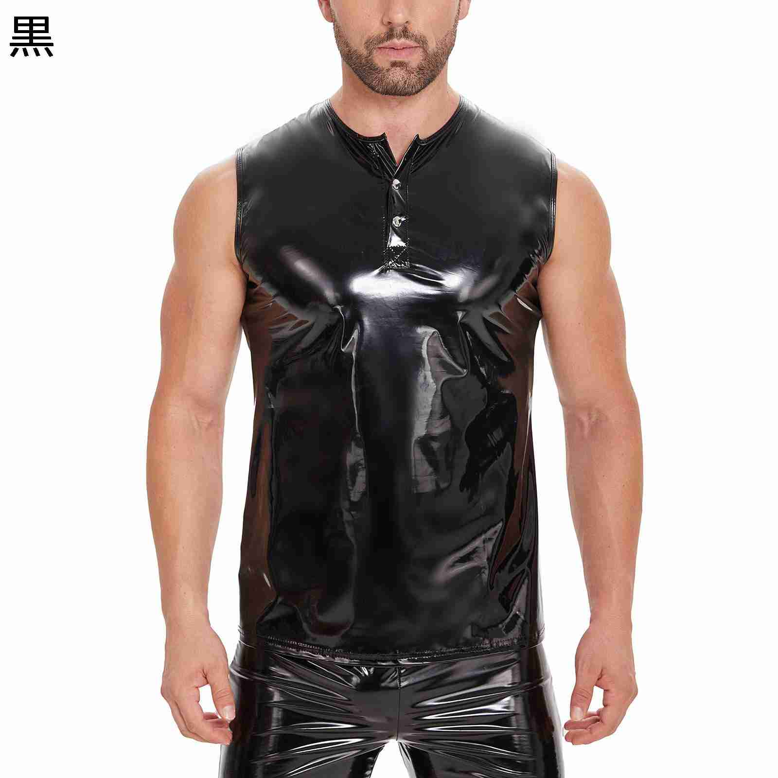 PUレザーベスト メンズ PUベスト スリムベスト 光沢感 レザーベスト Vネック おしゃれ グリッター 細身 ライダースジャケット ノースリーブジャケット セクシー カジュアル 革ベスト バイク