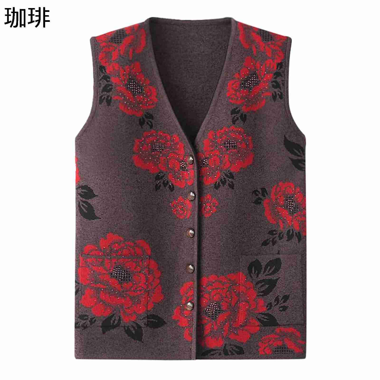 シニアレディース ニットベスト カットソー ニットチョッキ セーター 牡丹花 ポケット インナー 高齢者 春秋服 開襟 薄手 トップス お洒落 速乾 軽量 お母さん 婦人服 着心地いい 軽い