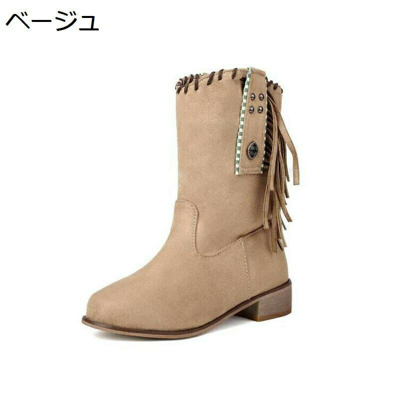 ジョッキーブーツ ショートブーツ レディース フリンジ ジプシー風 秋冬 PU シンプル 美脚 脚長 アンク..