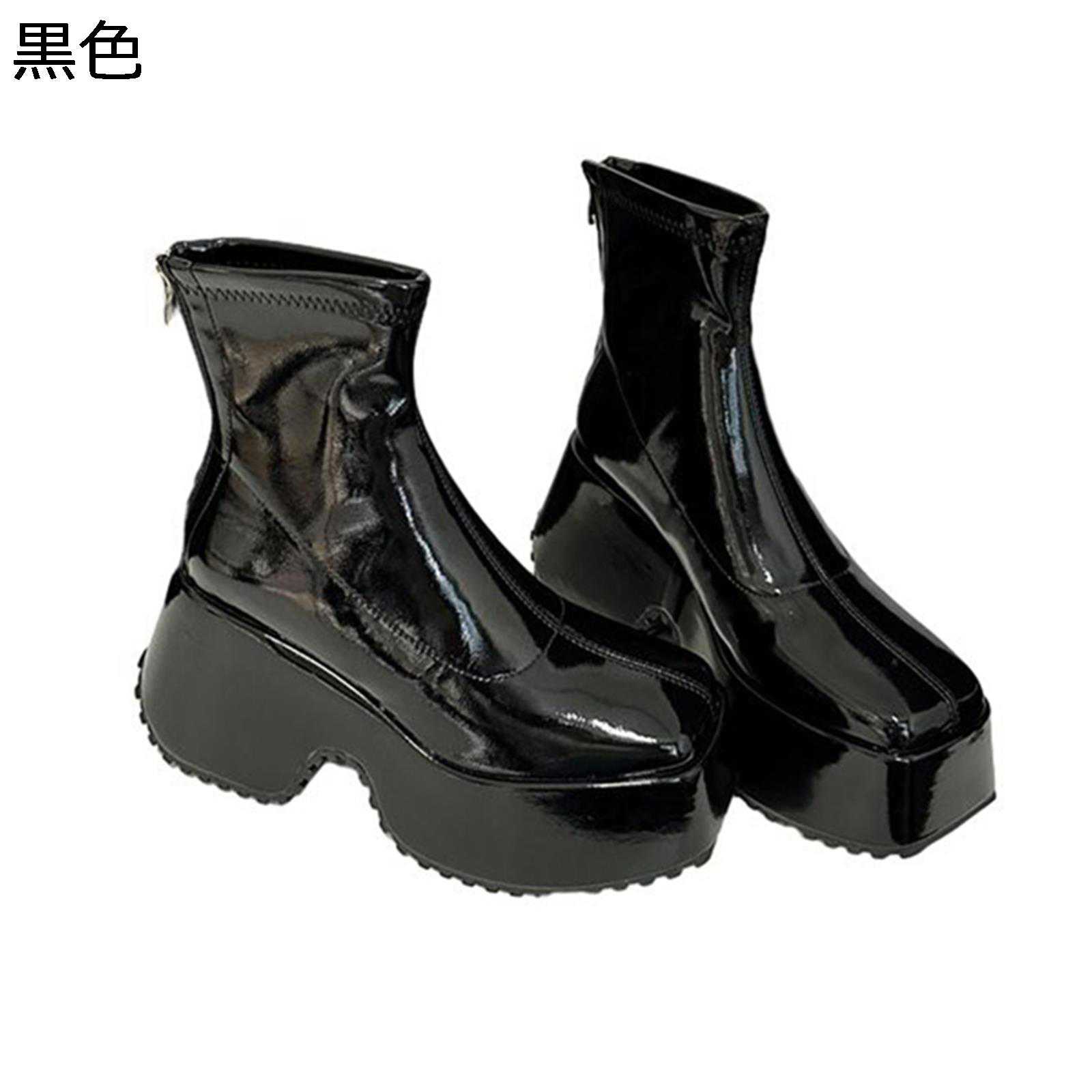 ショートブーツ レディース 厚底ブーツ バックジップ 7cm プラットフォーム ソックスブーツ エナメル 安定感 おしゃれ 履きやすい 柔らかい アンクル靴 秋用 防水防滑 パーティ 足細 ストリート 通勤