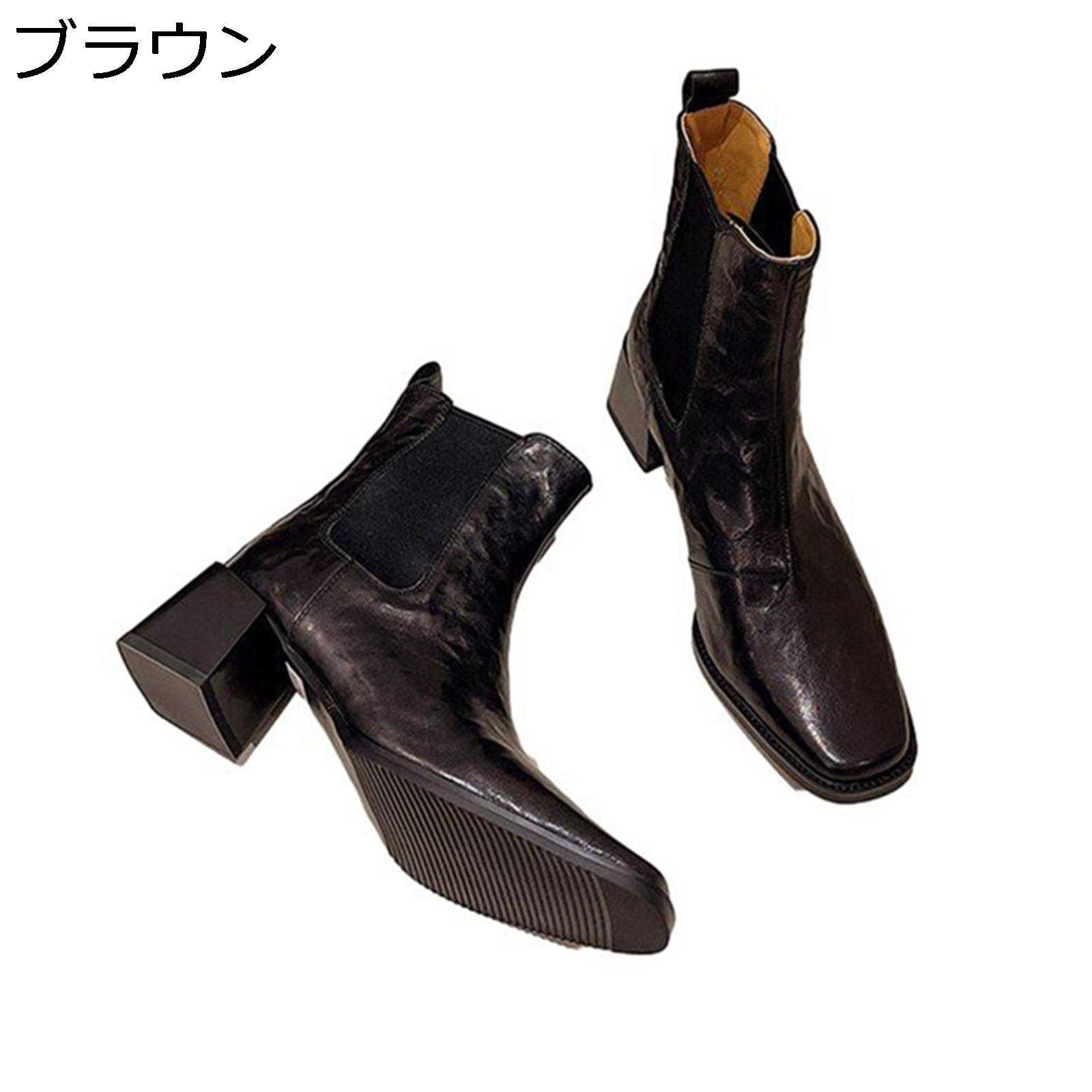 チェルシーブーツ ショートブーツ レディース アンクルブーツ 秋冬春 合成皮革 サイドゴア 細身 着脱簡単 防滑 太めヒール 履きやすい 軽量 スクエアトゥ 短靴 大きいサイズ イベント カジュアル 通勤