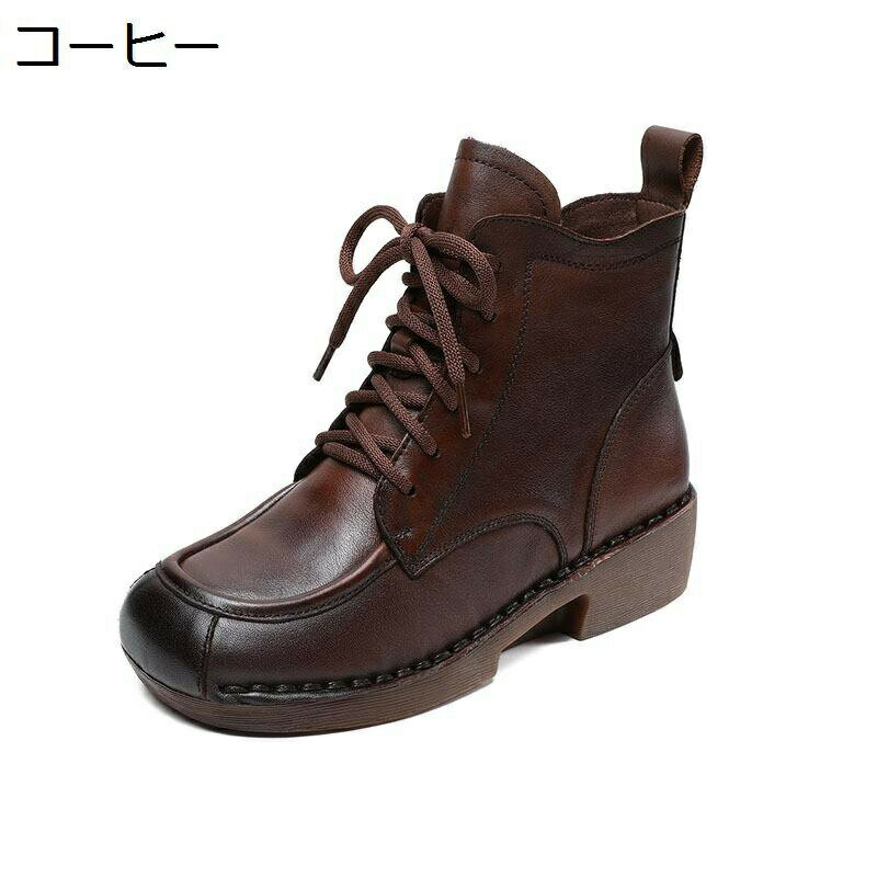 厚底ブーツ ショートブーツ レディース 本革 アンクルブーツ 太めヒール 秋冬春 サイドジップ 足細 レトロ 編み上げ 滑り止め ソフト おしゃれ 柔らかい フェミニン 短靴 ゆったり 通勤 通学 デート