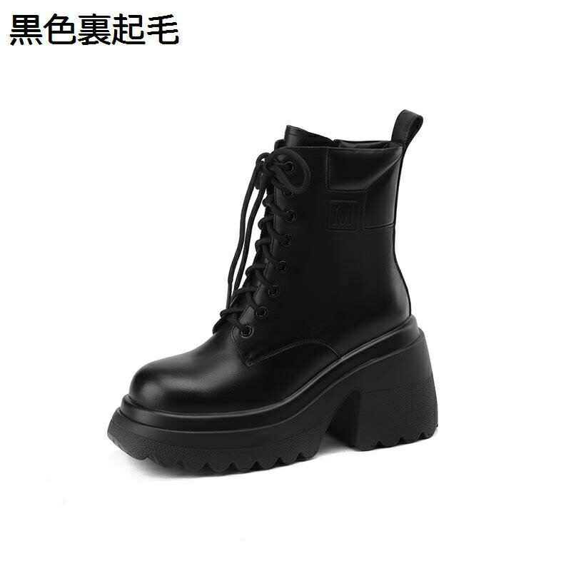 厚底 ジョッキーブーツ ショートブーツ レディース 10cm 太めヒール 編み上げ アンクルブーツ 秋冬 本革 サイドジップ 細見え 防水防滑 履きやすい 軽量 ファッション 短靴 カジュアル アウトドア 旅行