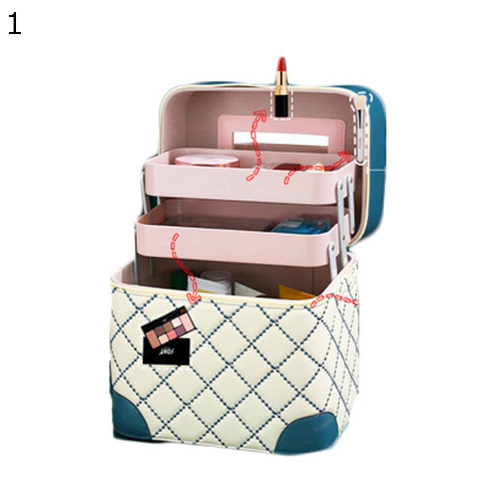 メイク用品ボックス コスメ収納 パッチワーク 手提げ 多層 ミラー付き アーガイル柄 北欧風 収納 ケース 化粧品 化粧品入れ コスメボックス メイクボックス ...