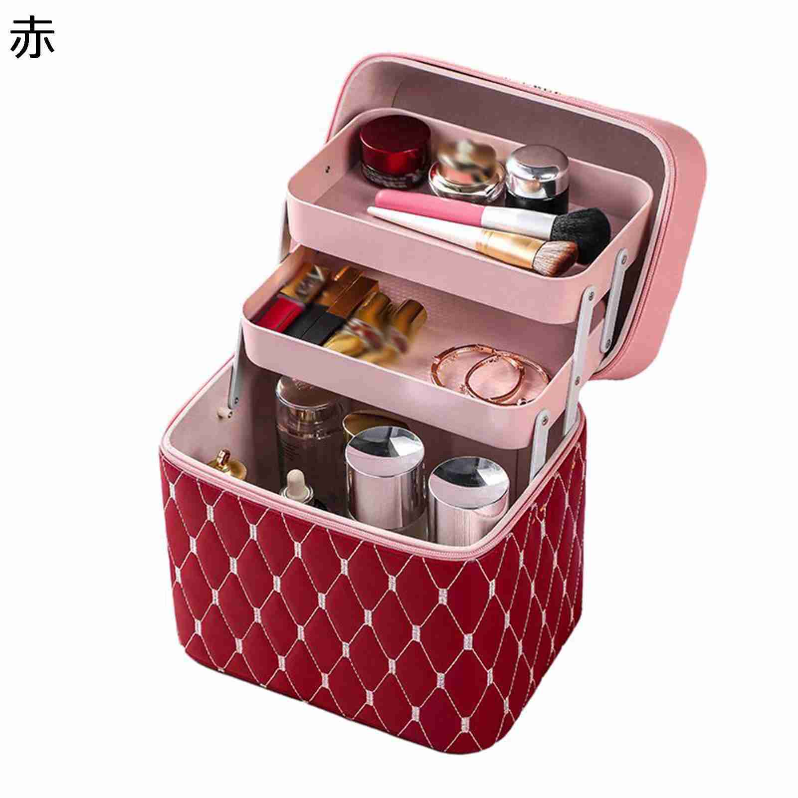 メイク用品ボックス 3段タイプ コスメ収納 アーガイル柄 化粧品入れ コスメボックス 化粧ボックス 化粧品いれボックス 大容量 小物入れ 多機能 持ち運び 軽量...