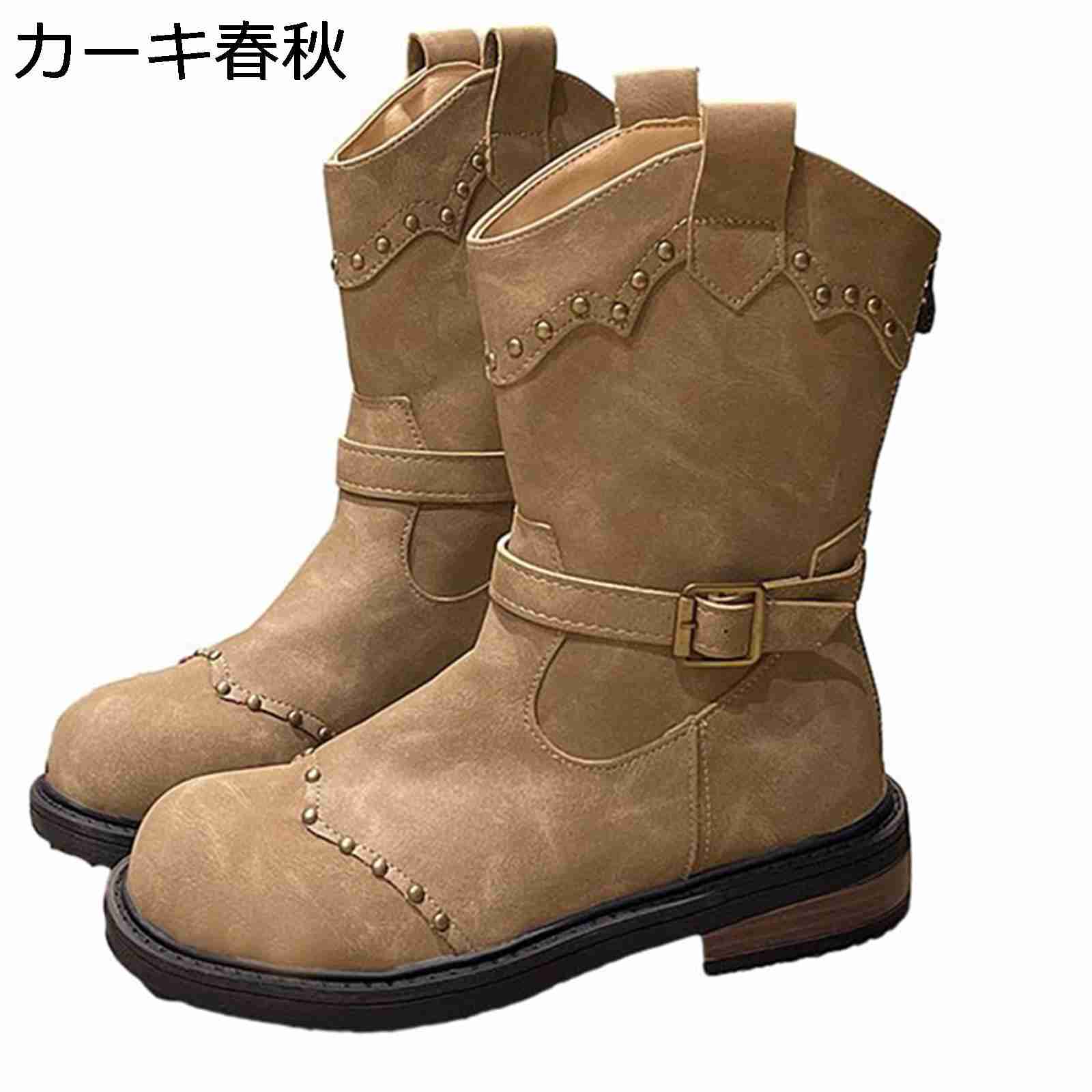 ショートブーツ レディース スタッズ ウェスタンブーツ 合皮 アンクル丈 バックル 足細 バックジップ 細身 着脱簡単 歩きやすい 大人 幅広 短靴 定番 クラシック 秋冬 ソフト 防滑 オフィス 通勤通学