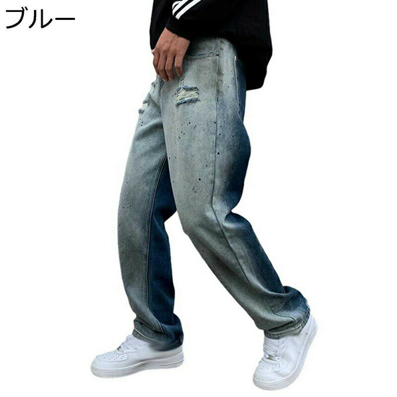ダメージジーンズ デニムパンツ メンズ ジーパン グラデーション ストレート レジャー ゆったり ダメージ加工 ロングパンツ デザイン性 耐摩耗性 街着 存在感 秋冬 ストリートモード ハイストリート