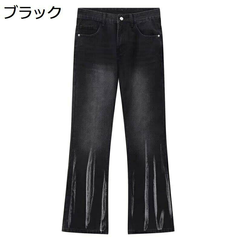 ジーンズ メンズ デニムパンツ シューカット ブーツカット 裾ペイントプリント フレアパンツ ベルボトム ロングパンツ カジュアル ボトム 秋冬 ヴィンテージ 耐摩耗性 トレンド感 街着 ゆったり